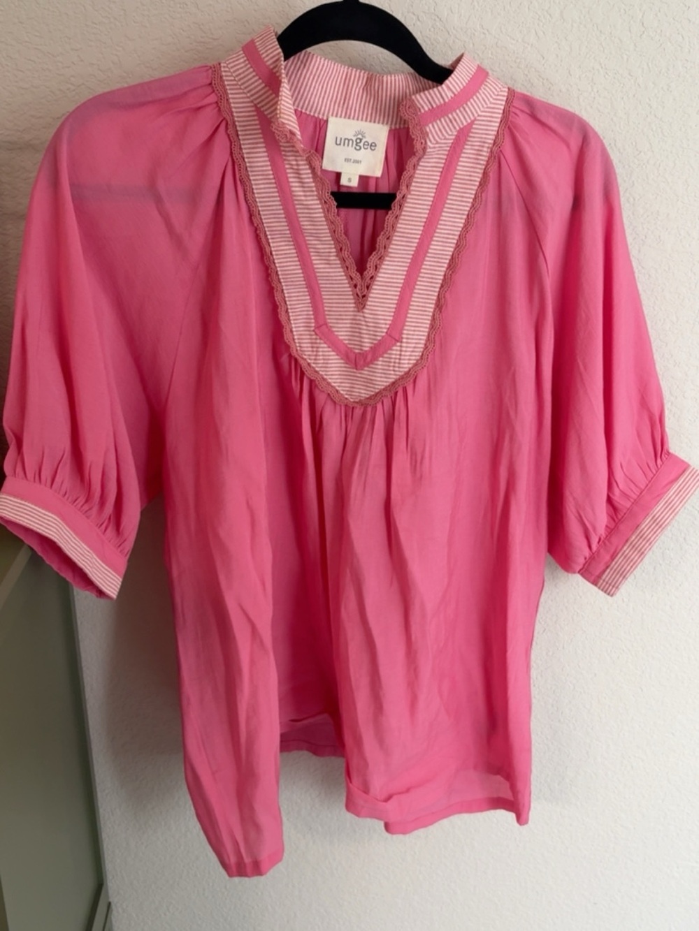 Umgee Pink V-Neck Tunic with Striped Trim